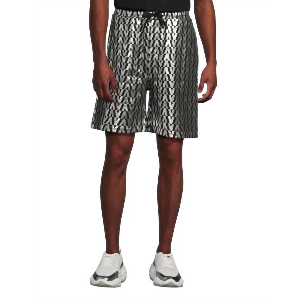 NEW VALENTINO monogram drawstring cotton shorts in black silver